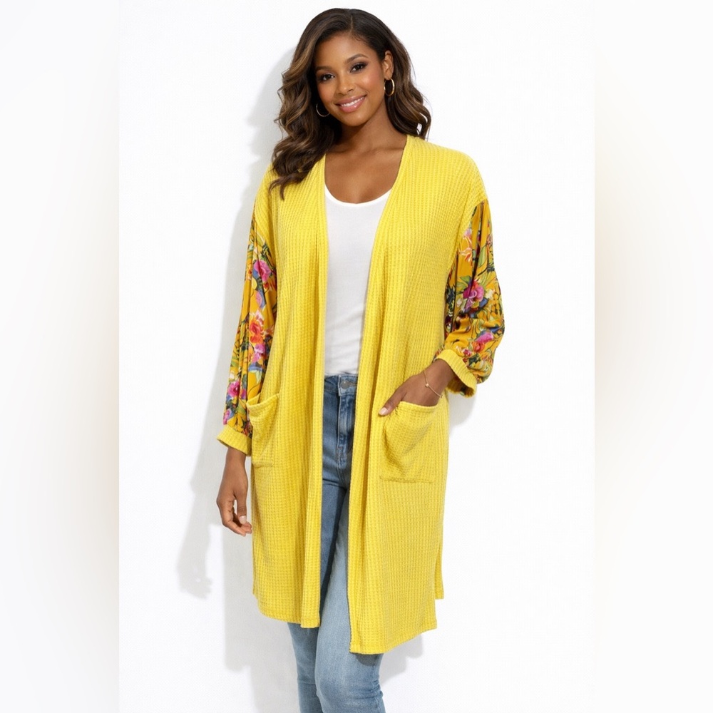 Umgee Mustard Yellow Floral Sleeve Duster Cardigan Boho Open Front Size M NWT